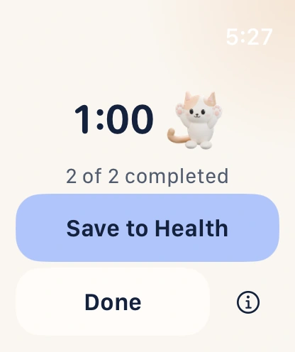 A completed stretching session, with our celebrating cat and the option to Save to Health.