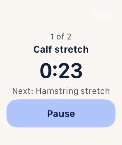Stretching Timer showing Calf stretch, the countdown, and Hamstring stretch next.