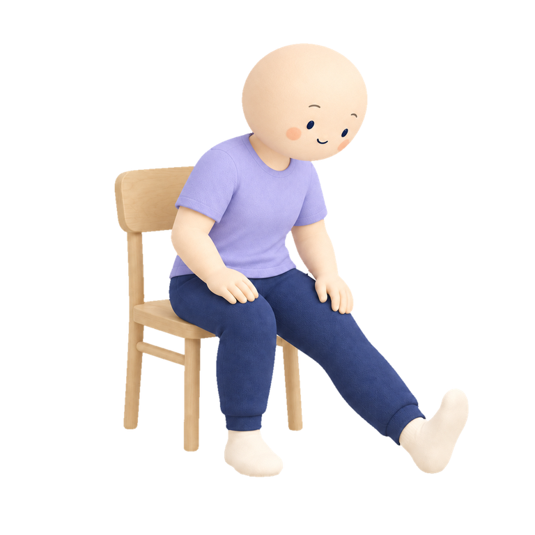 Mochi seated with one heel forward and toes up