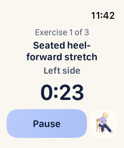 The real Apple Watch timer showing Seated heel-forward stretch, Left side, 23 seconds remaining and a tappable mochi picture beside Pause